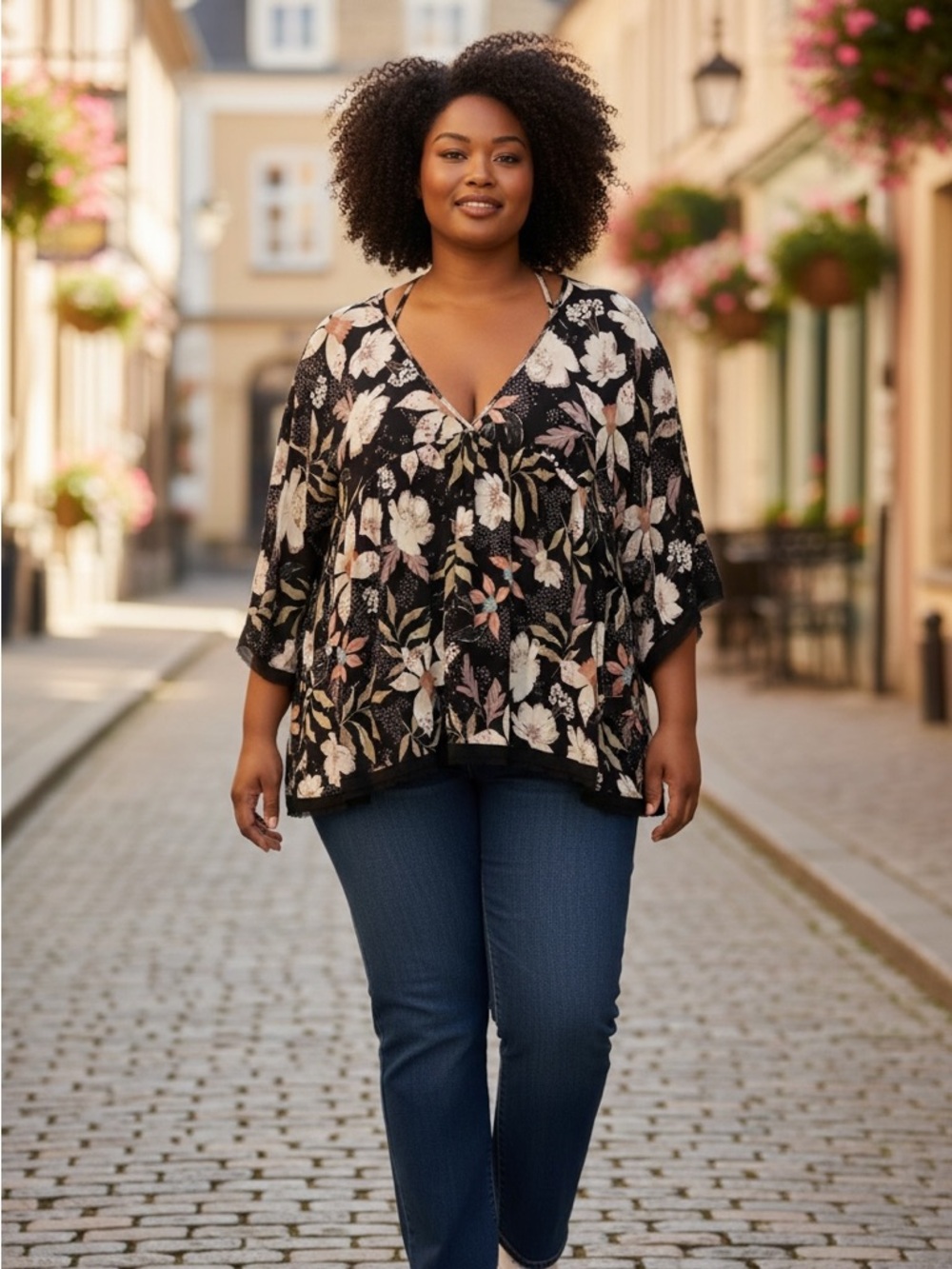 Hudson Gray Floral V-Neck Babydoll Tunic in Black and Cream L